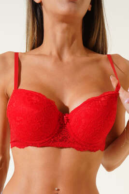 Pazarium - Silikonlu Destekli Dantelli Sütyen Kırmızı
