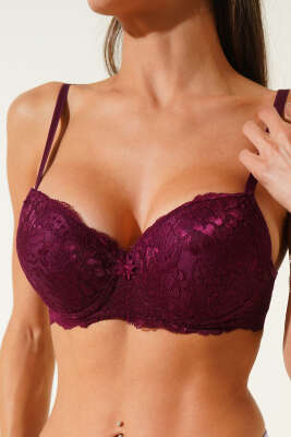 Pazarium - Silikonlu Destekli Dantelli Sütyen Mürdüm