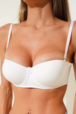 Pazarium - Silikonlu Destekli Straplez Sütyen Ekru