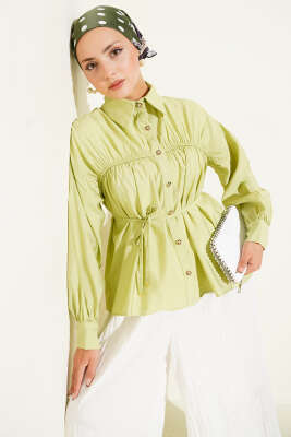 Önü Büzgülü İp Bağcıklı Gömlek Çağla Yeşili - Thumbnail