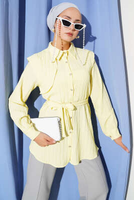 Pazarium - Tek Omuz Pelerinli Kuşaklı Gömlek Sarı
