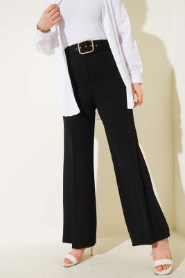 Pazarium - Kemerli Yüksek Bel Bol Paça Siyah Pantolon