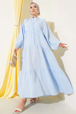 Pazarium - Hakim Yaka Düğmeli Kat Elbise Mavi