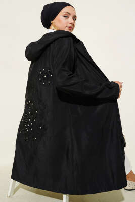 Pazarium - Taşlı Nakış Detaylı Kapüşonlu Kap Siyah