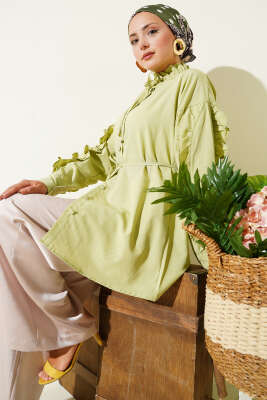 Pazarium - Hakim Yaka Fırfırlı Gömlek Su Yeşili