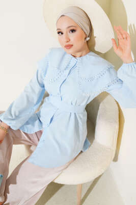 Pazarium - Bebe Yaka Dantelli Gömlek Bebe Mavi