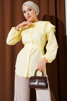 Pazarium - Bebe Yaka Dantelli Gömlek Sarı