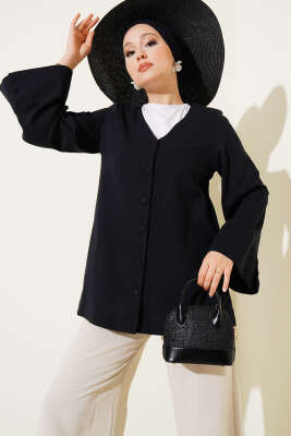 Pazarium - V Yaka Salaş Keten Gömlek Siyah