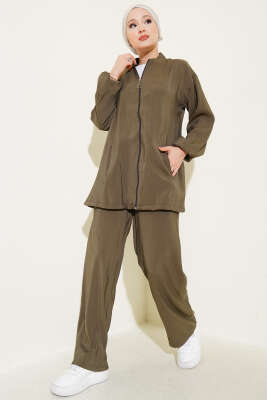 Pazarium - Fermuarlı Yandan Cepli İkili Takım Haki
