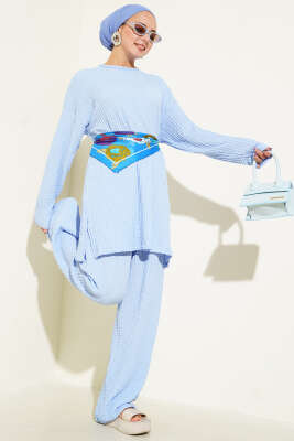 Pazarium - Bisiklet Yaka Gofre İkili Takım Bebe Mavi