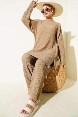 Pazarium - Bisiklet Yaka Gofre İkili Takım Camel