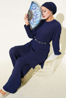 Pazarium - Bisiklet Yaka Gofre İkili Takım Lacivert