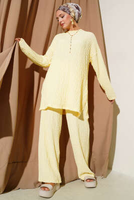 Pazarium - Bisiklet Yaka Gofre İkili Takım Sarı