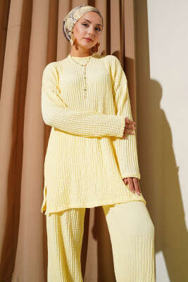 Bisiklet Yaka Gofre İkili Takım Sarı - Thumbnail