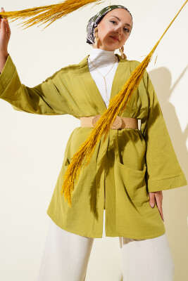 Pazarium - Çift Cepli Müslin Hırka Yağ Yeşili