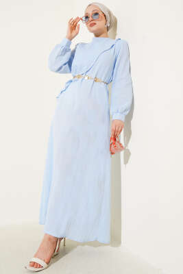 Pazarium - Pelerinli İp Kuşaklı Elbise Mavi
