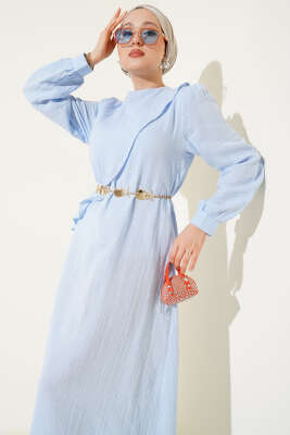 Pelerinli İp Kuşaklı Elbise Mavi - Thumbnail