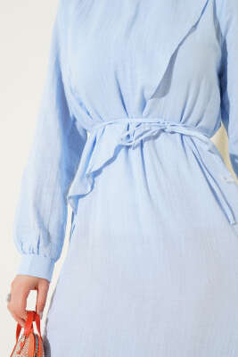 Pelerinli İp Kuşaklı Elbise Mavi - Thumbnail