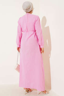 Pelerinli İp Kuşaklı Elbise Pembe - Thumbnail