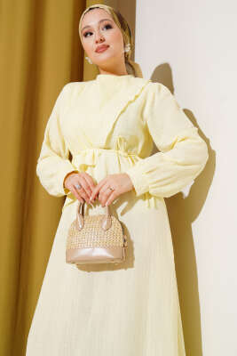 Pelerinli İp Kuşaklı Elbise Sarı - Thumbnail