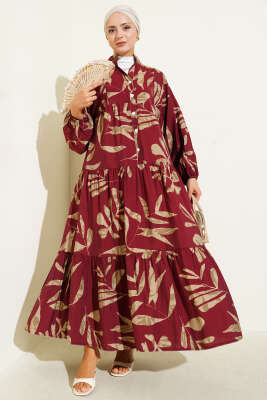 Pazarium - Geniş Yaprak Desenli Yarım Düğmeli Elbise Bordo