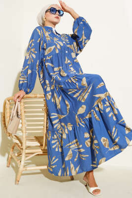 Pazarium - Geniş Yaprak Desenli Yarım Düğmeli Elbise Indıgo