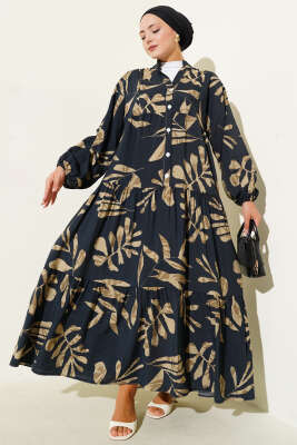 Pazarium - Geniş Yaprak Desenli Yarım Düğmeli Elbise Siyah