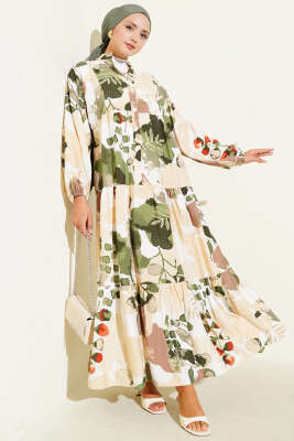 Pazarium - Yarım Düğmeli Renkli Yaprak Desenli Elbise Haki
