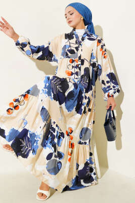 Pazarium - Yarım Düğmeli Renkli Yaprak Desenli Elbise Mavi