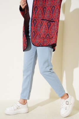 Yırtmaçlı Paça Jean Pantolon Açık Mavi Bej - Thumbnail