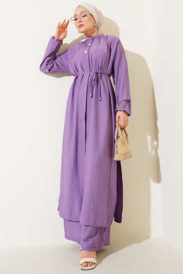 Pazarium - Ön Düğme Detaylı Bağcıklı İkili Takım Lila