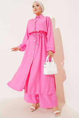 Pazarium - Bel Tünelli Yan Yırtmaçlı Uzun Tunik İkili Takım Pembe