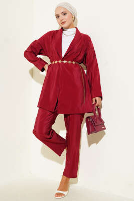 Pazarium - Parlak Kuşaklı İkili Takım Bordo
