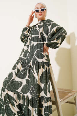 Yarım Düğmeli Desen Detaylı Elbise Haki - Thumbnail