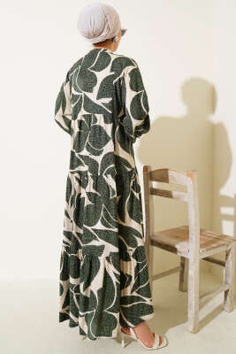 Yarım Düğmeli Desen Detaylı Elbise Haki - Thumbnail