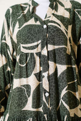 Yarım Düğmeli Desen Detaylı Elbise Haki - Thumbnail