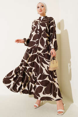 Yarım Düğmeli Desen Detaylı Elbise Kahve - Thumbnail