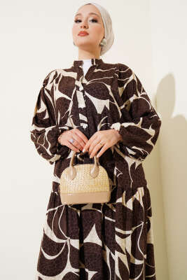 Yarım Düğmeli Desen Detaylı Elbise Kahve - Thumbnail