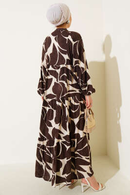 Yarım Düğmeli Desen Detaylı Elbise Kahve - Thumbnail