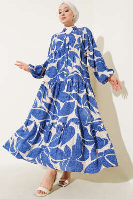 Pazarium - Yarım Düğmeli Desen Detaylı Elbise Mavi