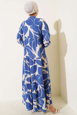 Yarım Düğmeli Desen Detaylı Elbise Mavi - Thumbnail