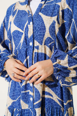 Yarım Düğmeli Desen Detaylı Elbise Mavi - Thumbnail