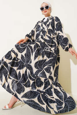 Yarım Düğmeli Desen Detaylı Elbise Siyah - Thumbnail