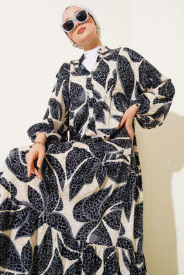 Yarım Düğmeli Desen Detaylı Elbise Siyah - Thumbnail