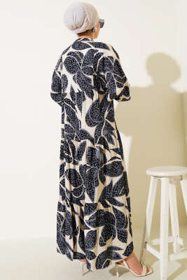 Yarım Düğmeli Desen Detaylı Elbise Siyah - Thumbnail