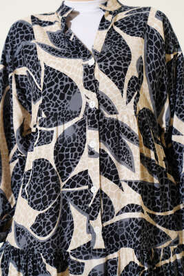 Yarım Düğmeli Desen Detaylı Elbise Siyah - Thumbnail