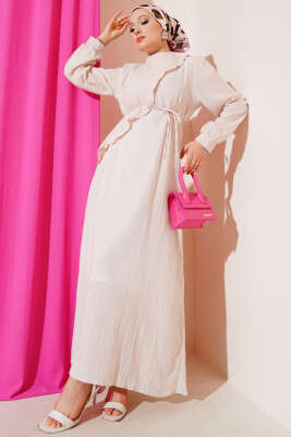 Pelerinli İp Kuşaklı Elbise Bej - Thumbnail