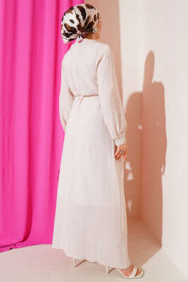 Pelerinli İp Kuşaklı Elbise Bej - Thumbnail