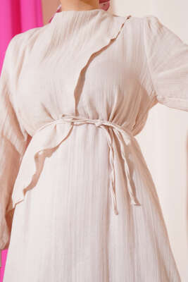 Pelerinli İp Kuşaklı Elbise Bej - Thumbnail