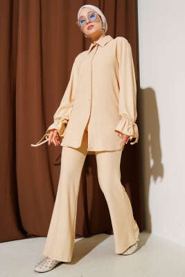 Pazarium - Top Düğmeli Bürümcük İkili Takım Camel